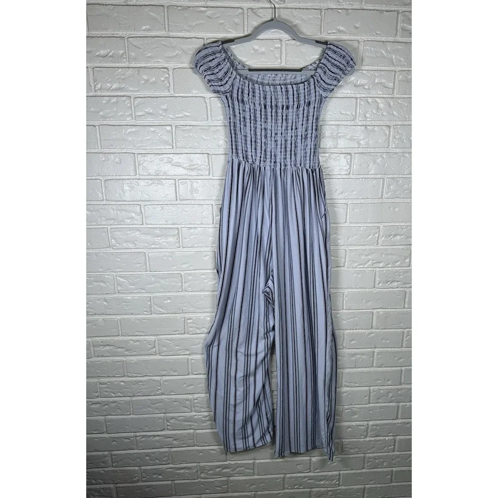 Justify L Smocked Off Shoulder Striped Jumpsuit Blue White Wide Leg Boho‎